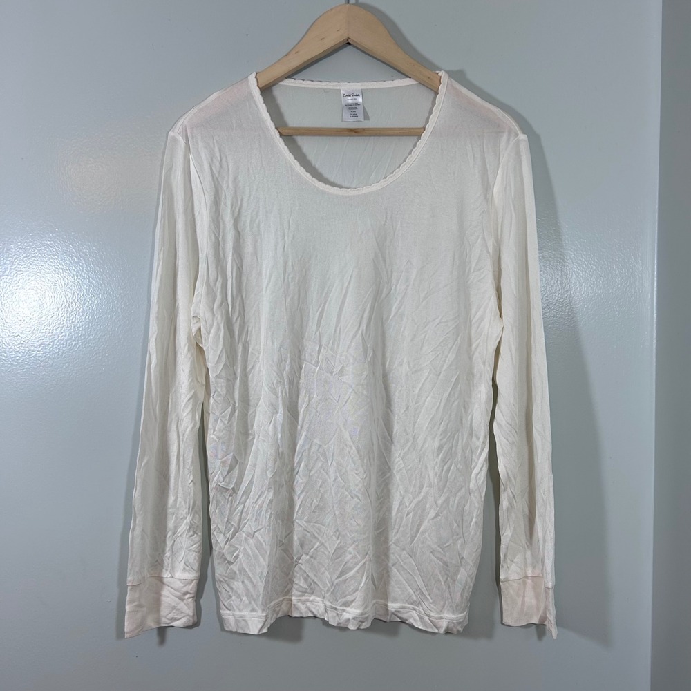 Cuddl Duds 100% Silk Long Sleeve Base Layer Top Ivory XL Scalloped Scoop Neck